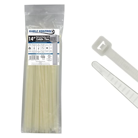 Kable Kontrol Cable Tie, 14 in L, 4.01 in Max Bundle Dia., Natural, Nylon 6/6, 120 lb Strength, 100 PK CT271